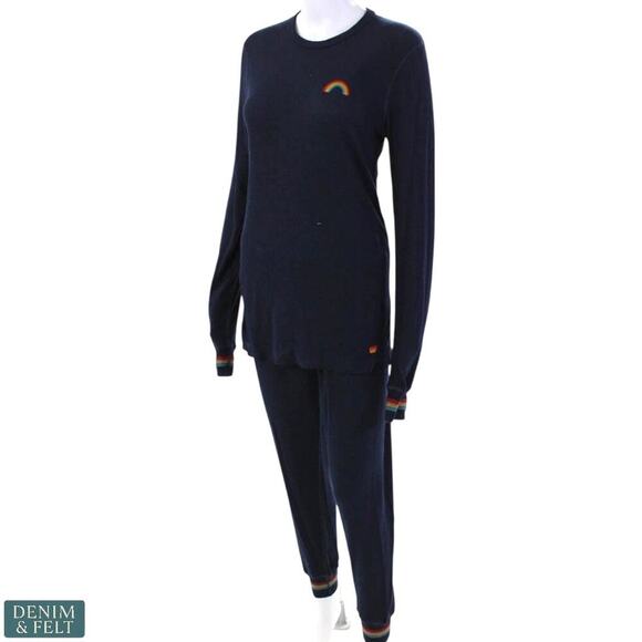 Aviator Nation Rainbow Waffle Thermal Lounge Set Base Layer Navy Pants & Top - Picture 2 of 16